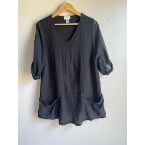 Soft Surroundings Classic Black Tunic V-Neck Roll Tab Sleeves Opalescent Buttons